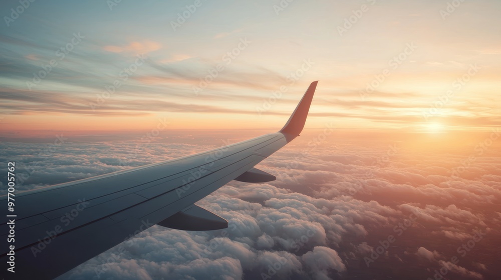 Obraz premium Epic Adventure Awaits: Airplane Wing View Over Clouds with Packed Luggage, Copy Space, Ultra HD Quality