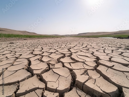 A dry, cracked earth landscape under a clear sky, illustrating severe drought conditions and environmental distress. photo