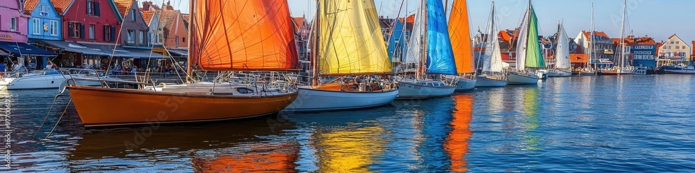 Obraz premium Colorful sailboats moored by bustling waterfront with quaint seaside shops in background