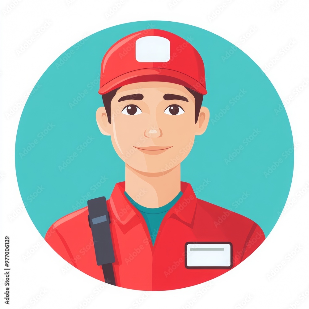 2d icon, flat icon, vector, illustration, cashier in a red cap and clothes with a white badge 2d icon, flat icon, vector, illustration, cashier in a red cap and clothes with a white badge