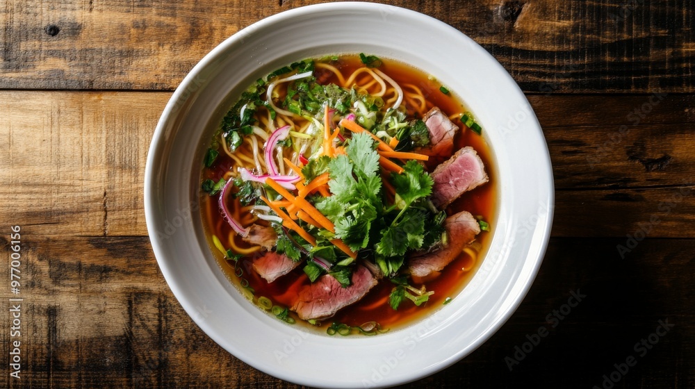 A beautifully plated bowl of noodle soup with clear broth, loaded with vegetables, herbs, and sliced meat, set against a rustic wooden table. A beautifully plated bowl of noodle soup with clear broth, loaded with vegetables, herbs, and sliced meat, set against a rustic wooden table.