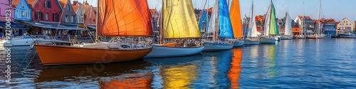 Colorful sailboats moored by bustling waterfront with quaint seaside shops in background