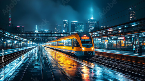 A yellow train sits at a mo...