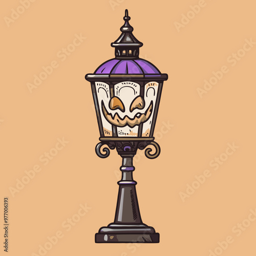 Eerie Halloween Lantern with Skull Face Design in Purple and Black