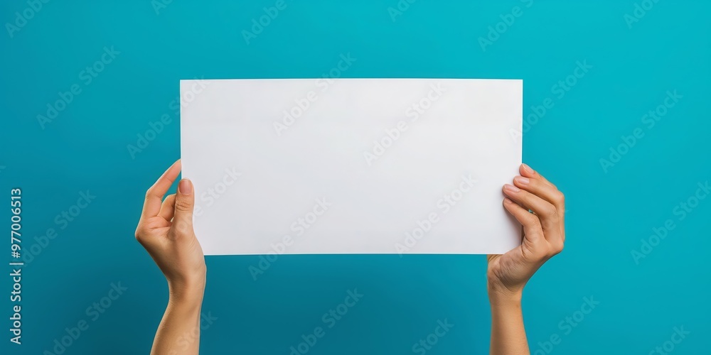 Hands Holding Blank White Paper Sheet on Blue Background for Copy Space and Design Template Hands Holding Blank White Paper Sheet on Blue Background for Copy Space and Design Template
