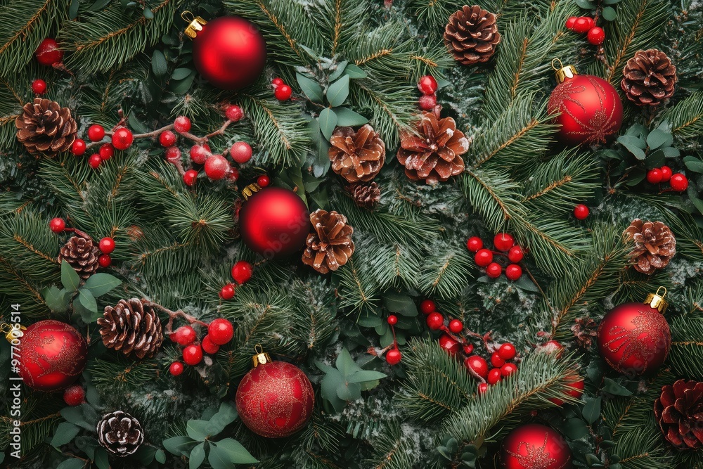 Festive Wallpaper with Green Pine Branches, Pinecones, and Christmas Ornaments Festive Wallpaper with Green Pine Branches, Pinecones, and Christmas Ornaments