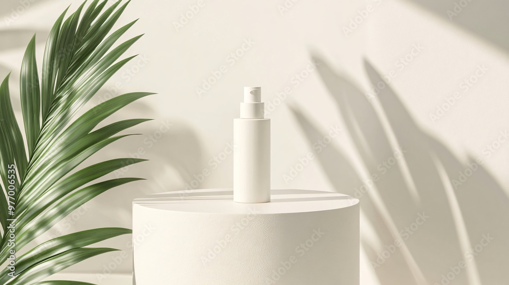 A white bottle on a white cylinder with leaves casting shadows. A white bottle on a white cylinder with leaves casting shadows.