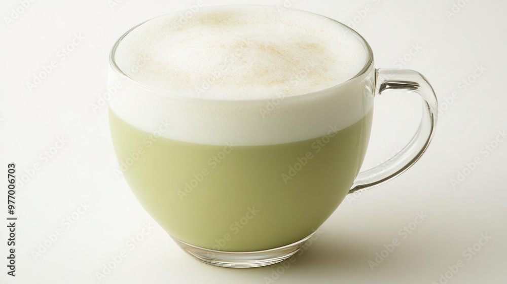 Obraz premium A cup of vanilla green tea latte with a frothy top, presented on a clean white background.