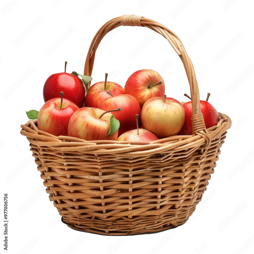 Wicker basket overflowing with freshly picked, ripe, red apples with leaves Wicker basket overflowing with freshly picked, ripe, red apples with leaves