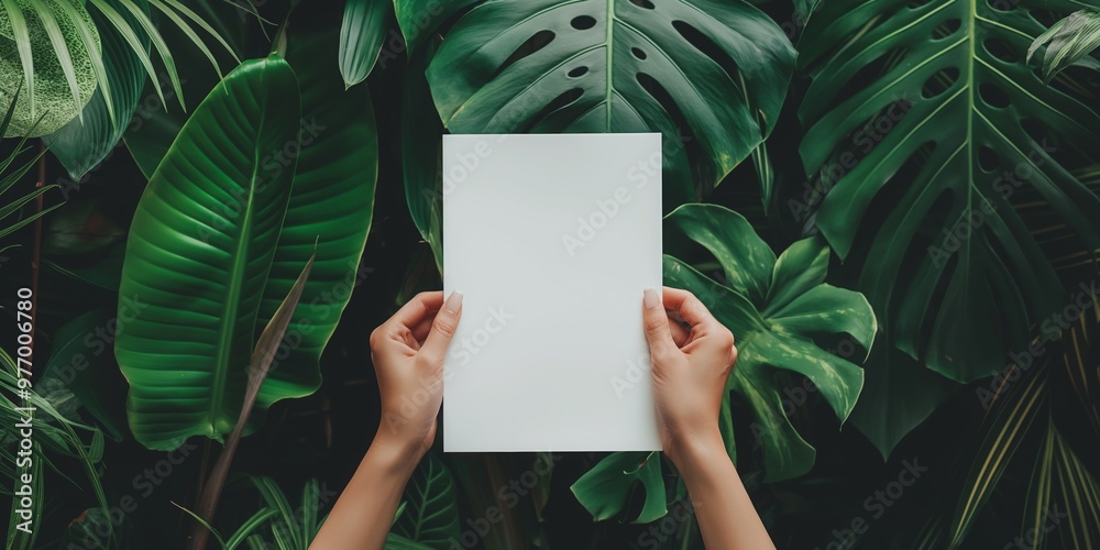 Hands Holding Blank White Paper with Large Monstera Leaves Background for Nature Mockup Hands Holding Blank White Paper with Large Monstera Leaves Background for Nature Mockup