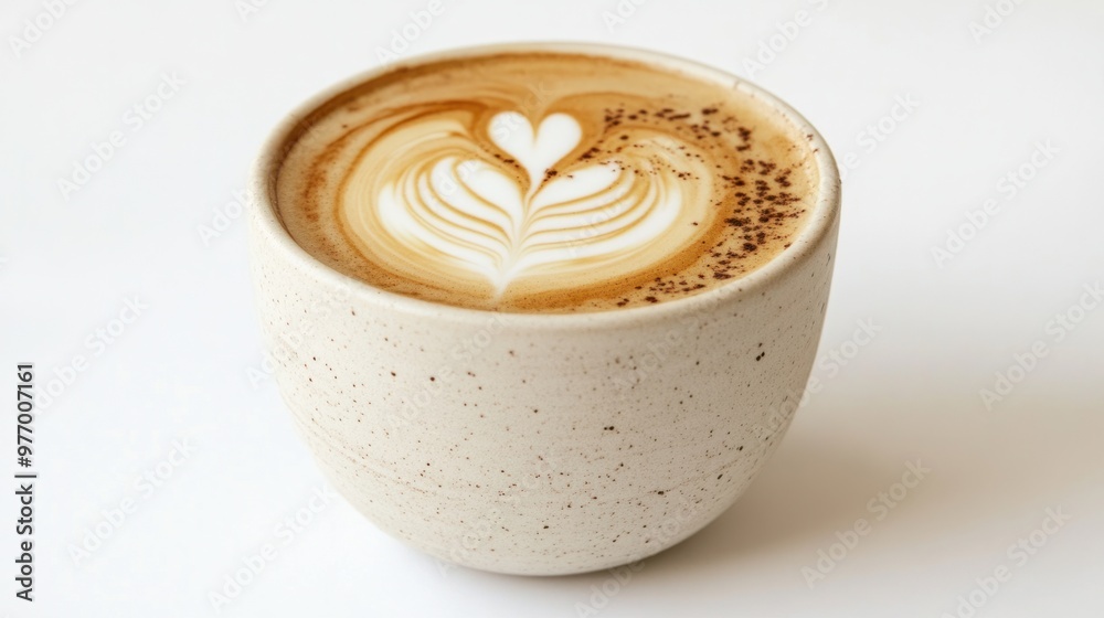 A hot vanilla almond milk latte in a ceramic cup with latte art, isolated on a white background. A hot vanilla almond milk latte in a ceramic cup with latte art, isolated on a white background.