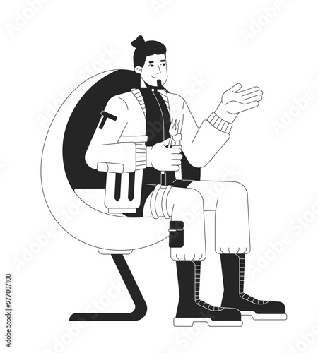 Armchair futuristic man fork holding black and white 2D line character. Caucasian techwear guy ready to eat isolated vector outline person. Hungry male gesturing. Monochromatic spot illustration