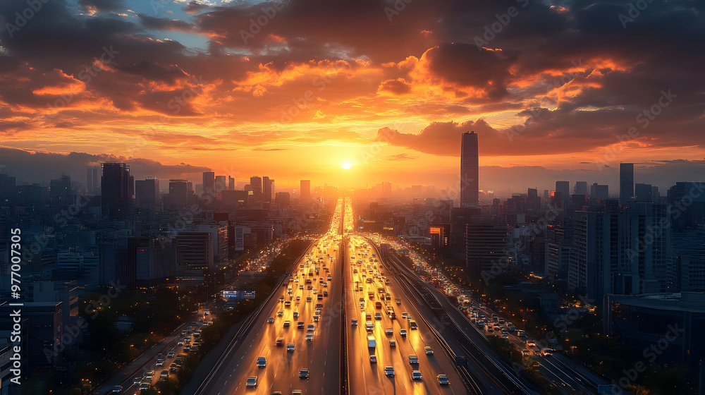 Aerial view of a city highway with traffic at sunset. Aerial view of a city highway with traffic at sunset.