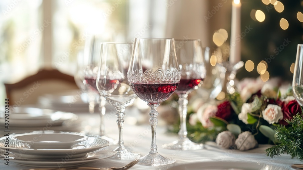 A beautifully set dining table with crystal-clear wine glasses filled with red wine, reflecting ambient light and adding sophistication to the elegant setting. A beautifully set dining table with crystal-clear wine glasses filled with red wine, reflecting ambient light and adding sophistication to the elegant setting.