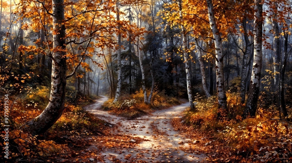 Fork in an autumn forest path surrounded by colorful foliage and soft sunlight Fork in an autumn forest path surrounded by colorful foliage and soft sunlight