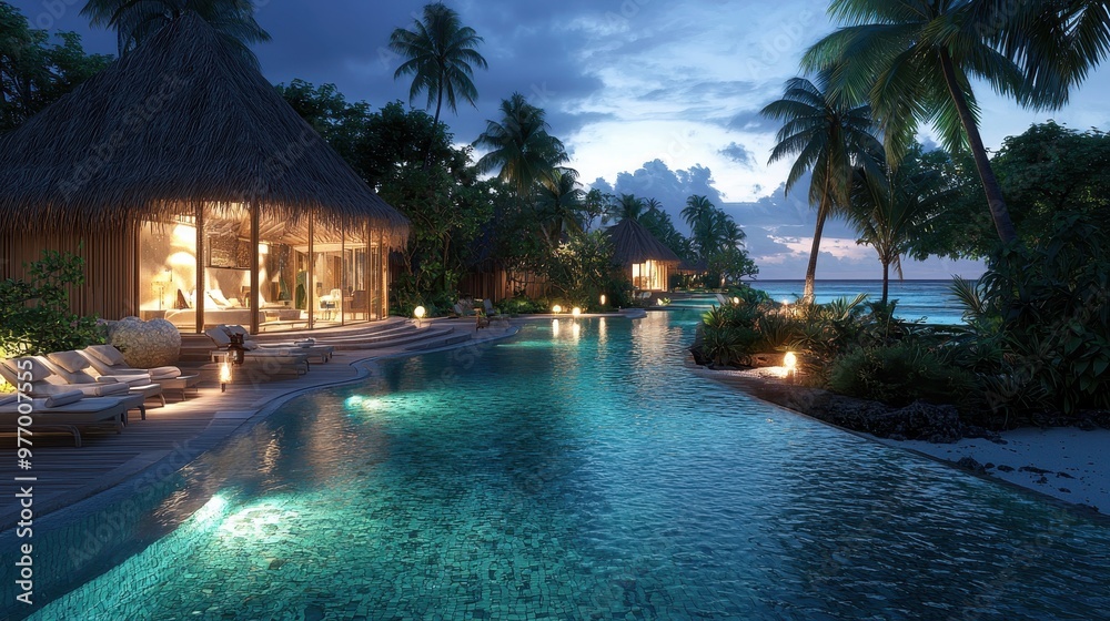 Fototapeta premium Tropical Resort Pool with Ocean View at Dusk
