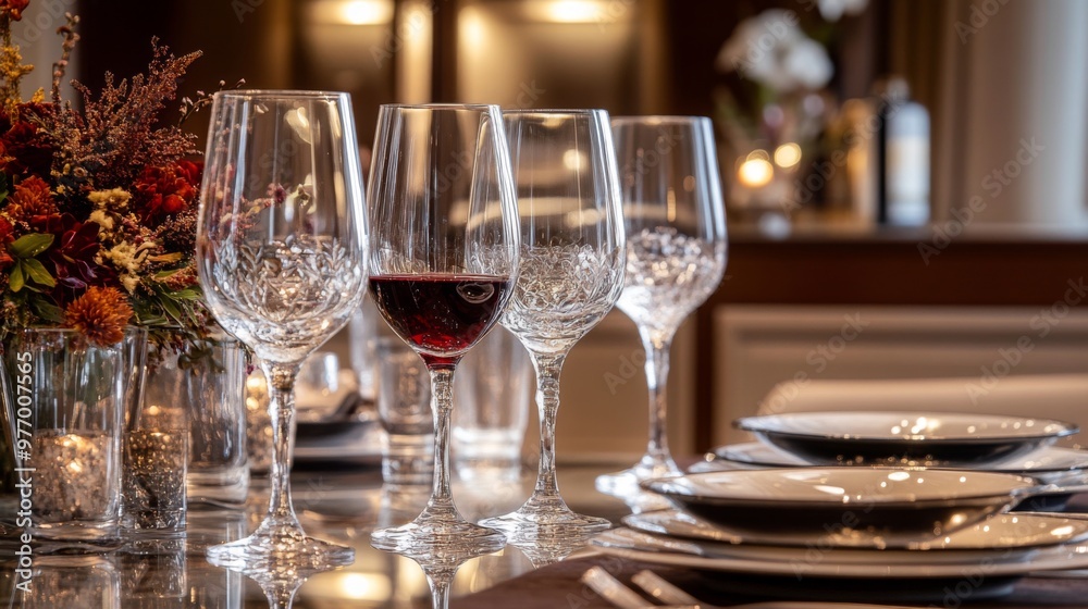 A beautifully set dining table with crystal-clear wine glasses filled ...