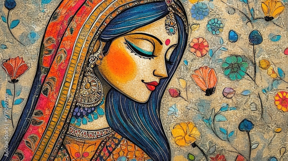 Colorful traditional Madhubani art from India of a woman in a sari on a textured background. Colorful traditional Madhubani art
Colorful traditional Madhubani art from India of a woman in a sari on a textured background. Colorful traditional Madhubani art