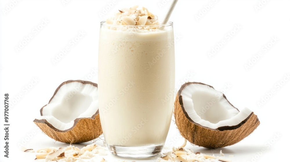 A tall glass of vanilla-flavored coconut milkshake with shredded coconut and a straw, isolated on white. A tall glass of vanilla-flavored coconut milkshake with shredded coconut and a straw, isolated on white.