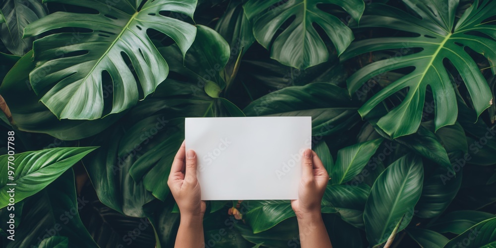 Hands Holding Blank Paper Against Green Tropical Leaf Background Hands Holding Blank Paper Against Green Tropical Leaf Background