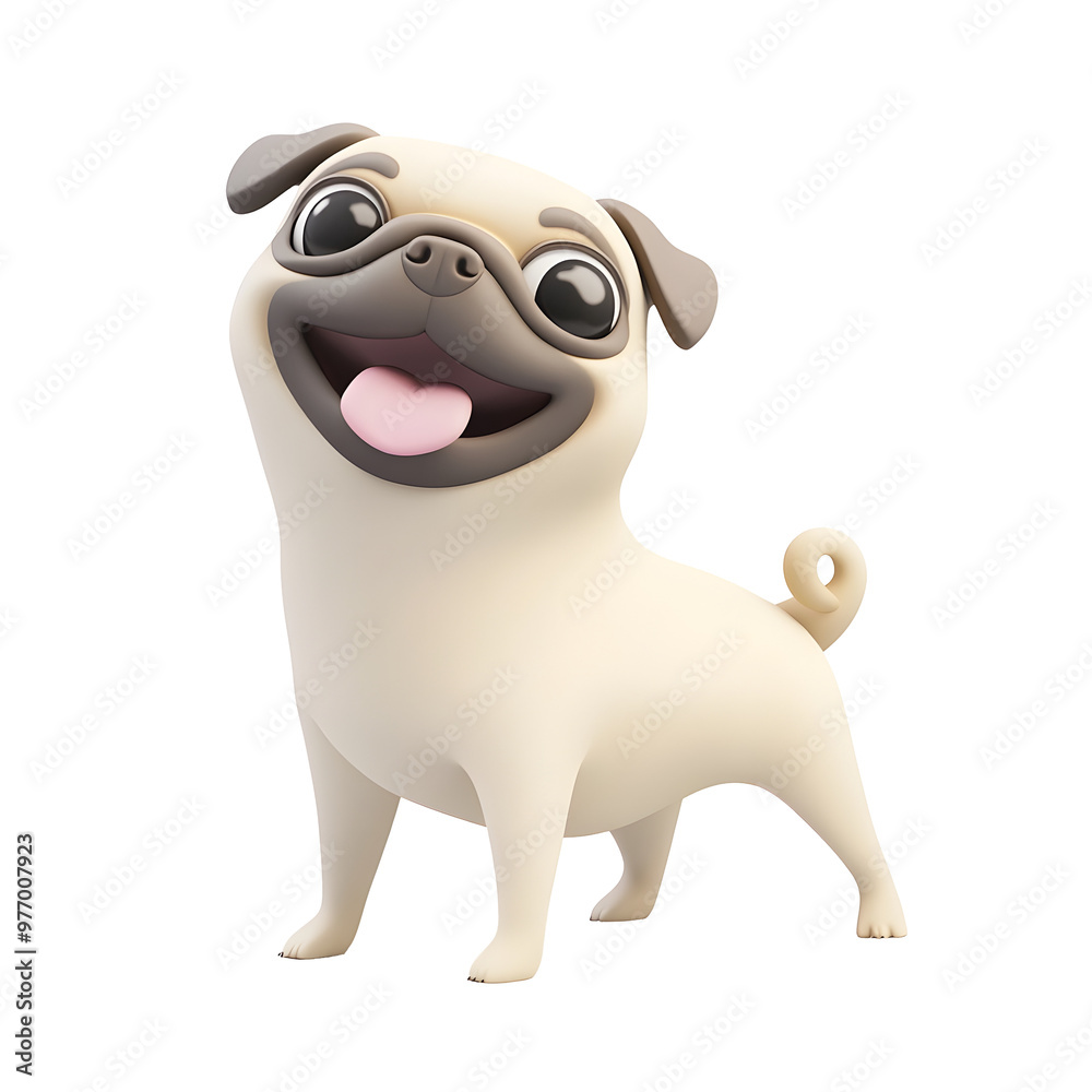 Playful 3D Rendered Portrait of a Happy Pug with a Wagging Tail on White Background Playful 3D Rendered Portrait of a Happy Pug with a Wagging Tail on White Background