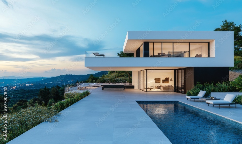 Fototapeta premium A 3D rendering of an evening view of a modern house by the river