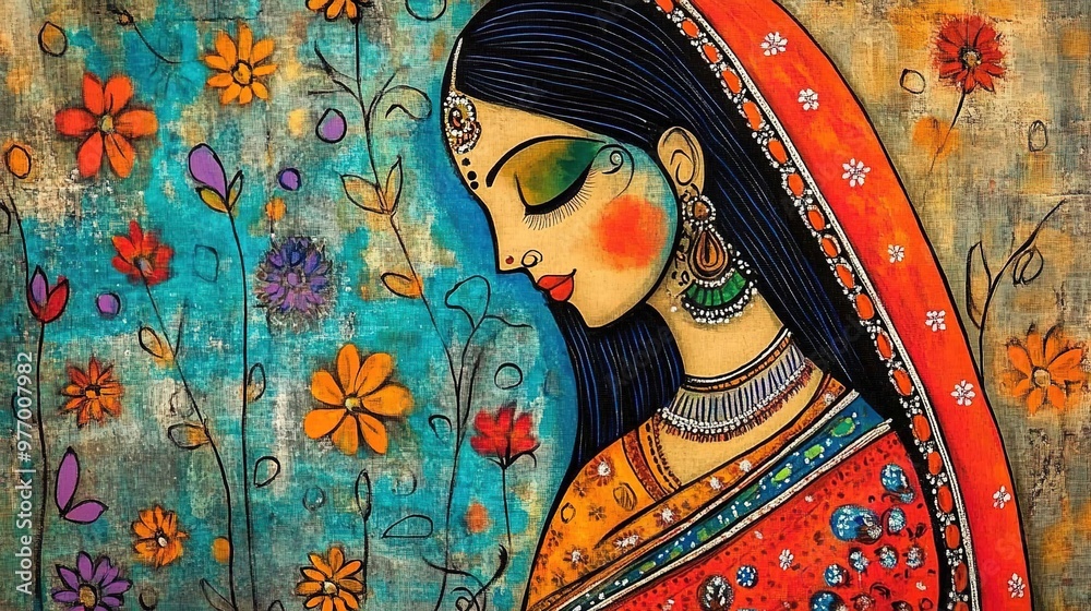 Colorful traditional Madhubani art from India of a woman in a sari on a ...