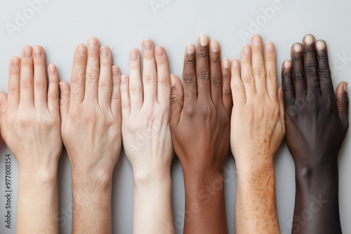 diversity concept, hands of diverse people on white background