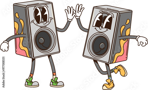 Groovy computer musical speakers as retro cartoon characters, vector funky comic. Groovy freaky PC computer or laptop music loudspeakers with happy smile and funny faces dancing with Hi Five gestures