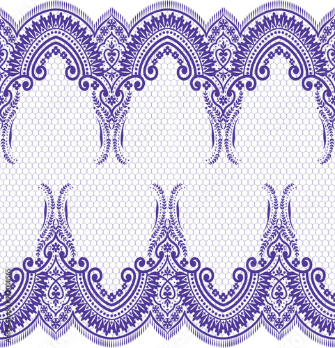 A decorative pattern featuring intricate lace designs in purple against a white background, ideal for textiles or graphic design.