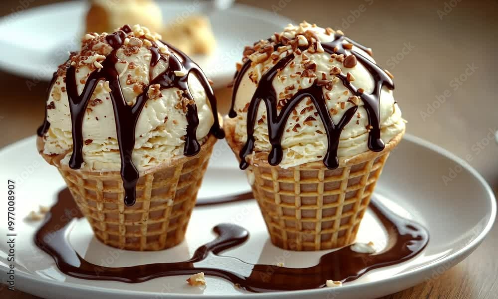 Delicious Vanilla Ice Cream with Chocolate Sauce and Nuts