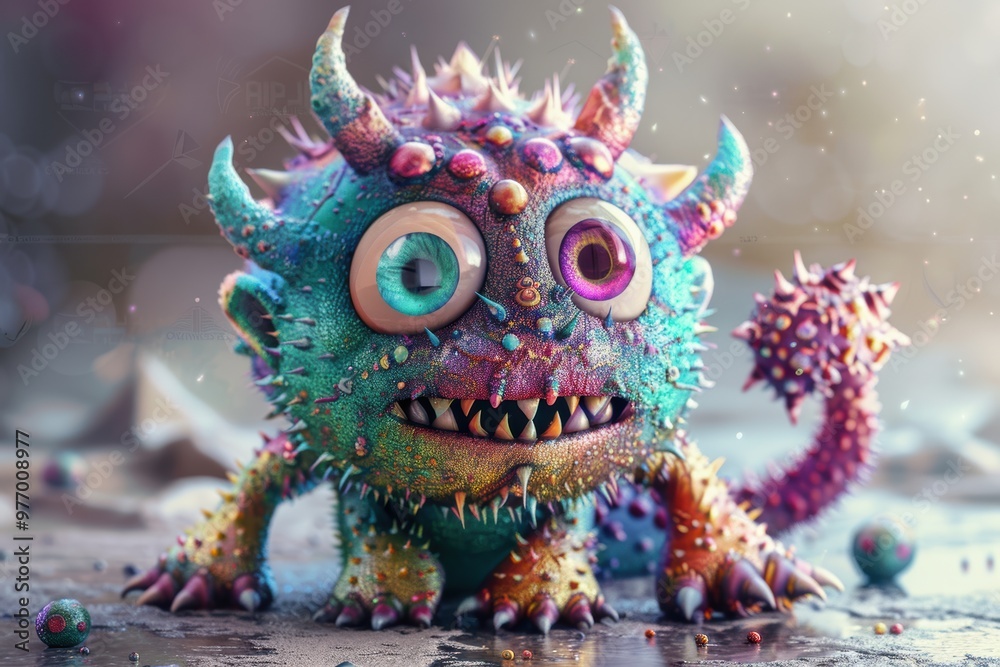 Neon-lit 3D cute monster in bright magenta and cyan, boasting a dynamic and imaginative design. Neon-lit 3D cute monster in bright magenta and cyan, boasting a dynamic and imaginative design.