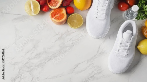 A white sneakers sitting on a marble counter with fruit and vegetables, AI photo