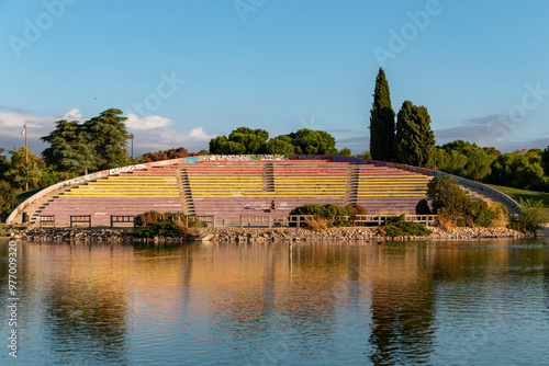 Pond and stands of the Las Cruces park in the city of Madrid in the Carabanchel neighborhood photo