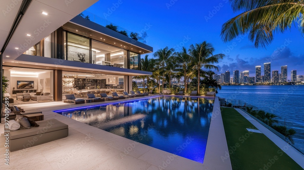 Fototapeta premium Modern Luxury Villa with Infinity Pool and City Skyline at Sunset