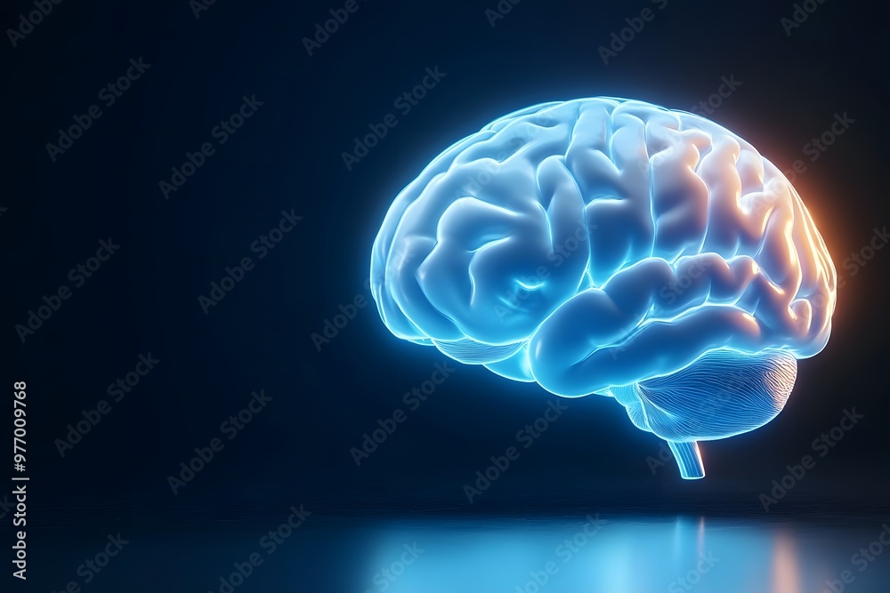 3D glowing blue brain on a black background, a minimalistic design with light effects