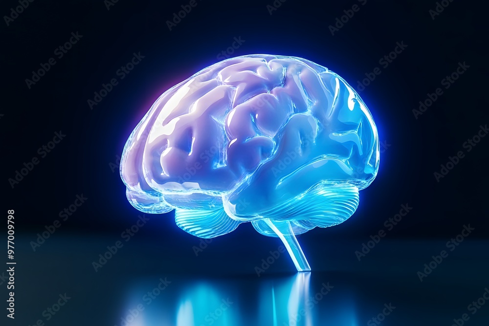 3D glowing blue brain on a black background, a minimalistic design with light effects 3D glowing blue brain on a black background, a minimalistic design with light effects