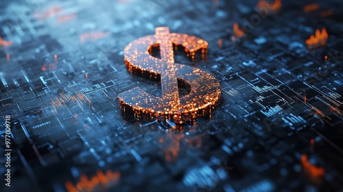 illustration of a large, stylized dollar sign rippling outward like a stone dropped in water. The ripples transform into upward-trending graph lines and bar charts in shades of blue and gray.