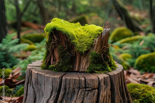 Lush Green Moss on Rustic Weathered Wood Stump in Enchanting Natural Environment photo