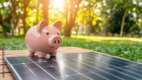 A pink piggy bank placed on top of solar panels with the sun shining in the background, symbolizing energy savings and financial planning. Illustration design for a banner concept