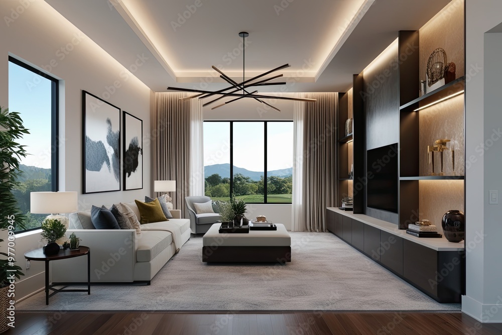 Fototapeta premium Modern Interior Design Three-Dimensional Visualization of a Spacious Contemporary Den