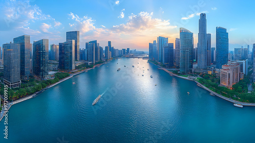 Aerial view of a modern city skyline with a river running through it at sunset.