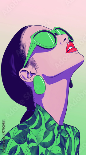 illustration of a girl with purple hair and glasses. She is wearing green, geometric earrings and a patterned dress in shades of green and purple.