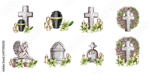 Hand drawn set for Funeral service.  Vector illustration. Attributes and symbols of condolence, loss, dead, bereavement and cemetry. Sketch of vintage stone angel, tombstone, urn, cross,
