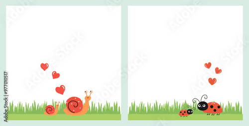 Snail, ladybird, green grass and red heart isolated on white background vector.