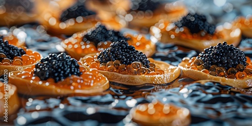 Caviar Blinis Modern Cuisinart, Caviar Blinis as Art Installation, Caviar Blinis Artistic Presentation
 photo