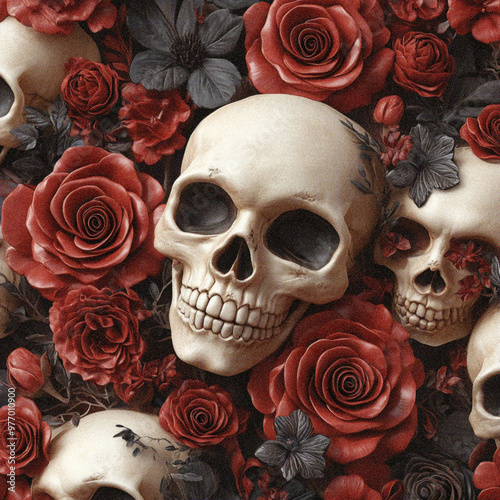 Skull Art with Maroon Roses on Dark Background, Dia de Muertos Gothic Design