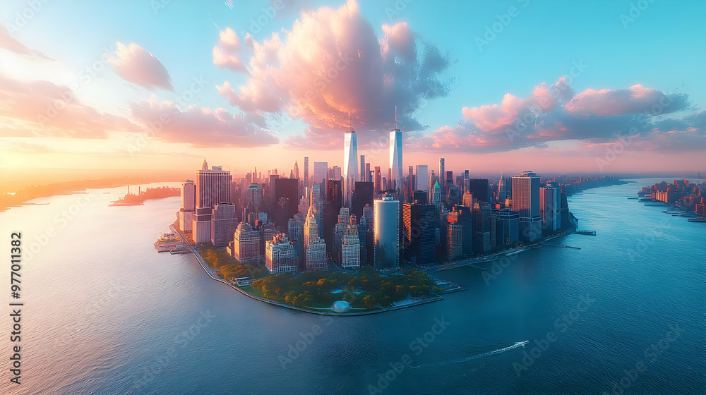 Aerial view of Manhattan skyline at sunset with pink clouds and a boat in the water. Aerial view of Manhattan skyline at sunset with pink clouds and a boat in the water.
