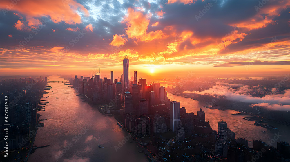 Fototapeta premium Aerial view of Manhattan skyline with a vibrant sunset sky.