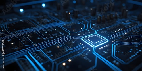 Glowing Blue Circuit Board with Central Processor